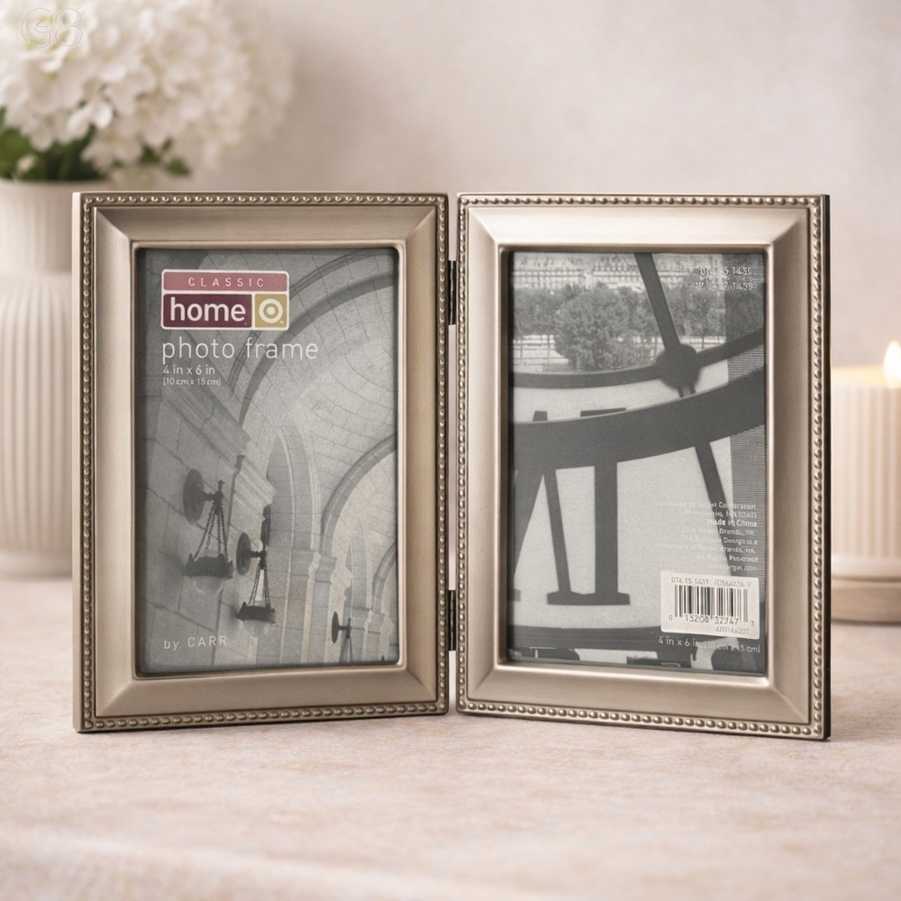 Classic‎ Home by Carr Champagne Silver Beaded 4x6 Double Hinged Picture Frame